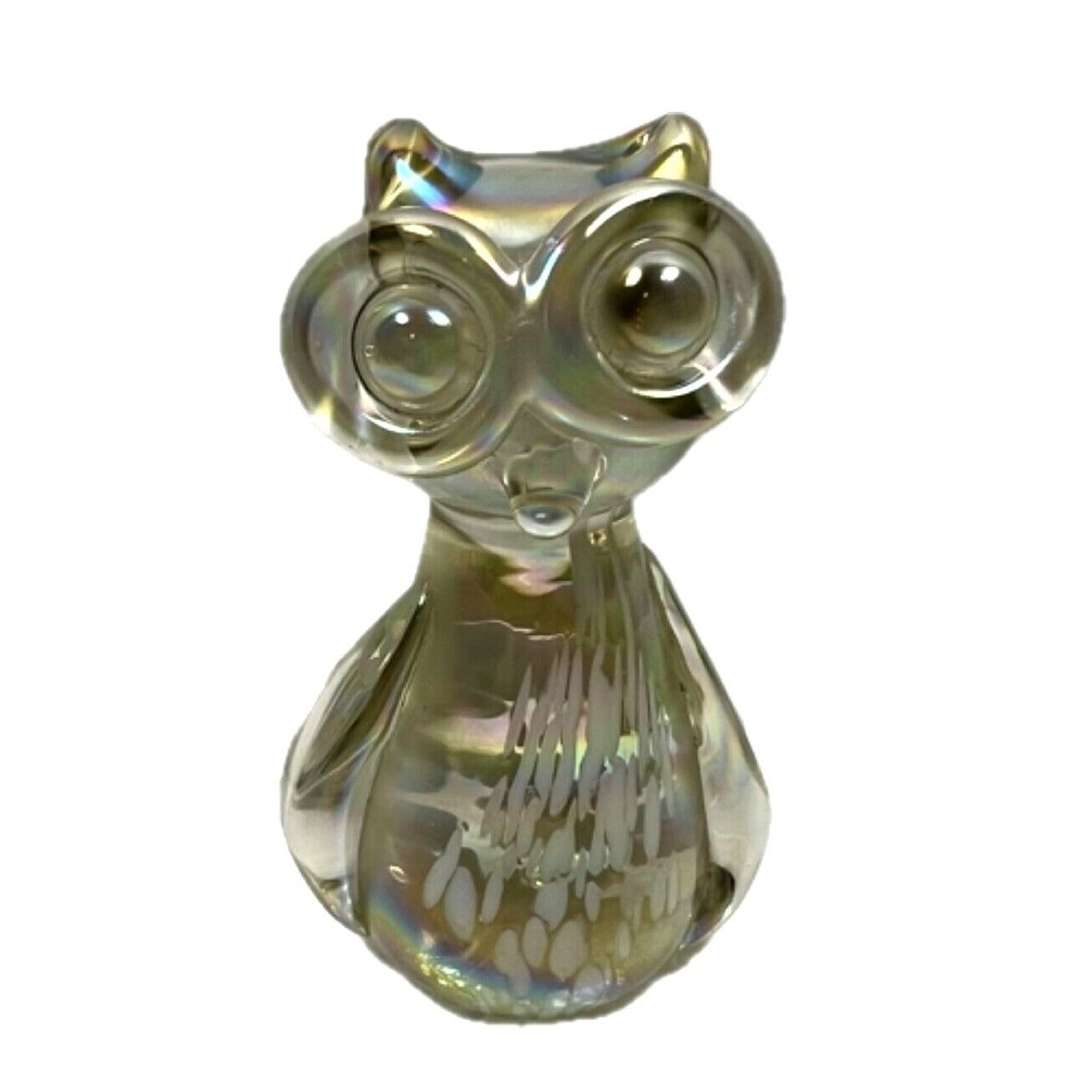 Vintage 1970s Owl Crystal Figurine Paperweight Iridescent Large Eyes Hand Made